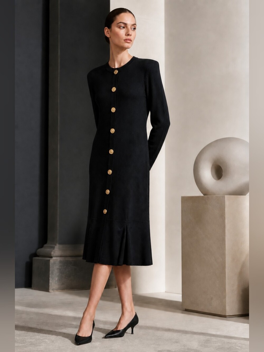 St. John Collection Black Long-Sleeve Knit Dress with Gold Buttons
